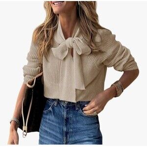 Saodimallsu Women's Bow Sweater Long Sleeve Tie Knot Loose Pullover, Khaki, XL